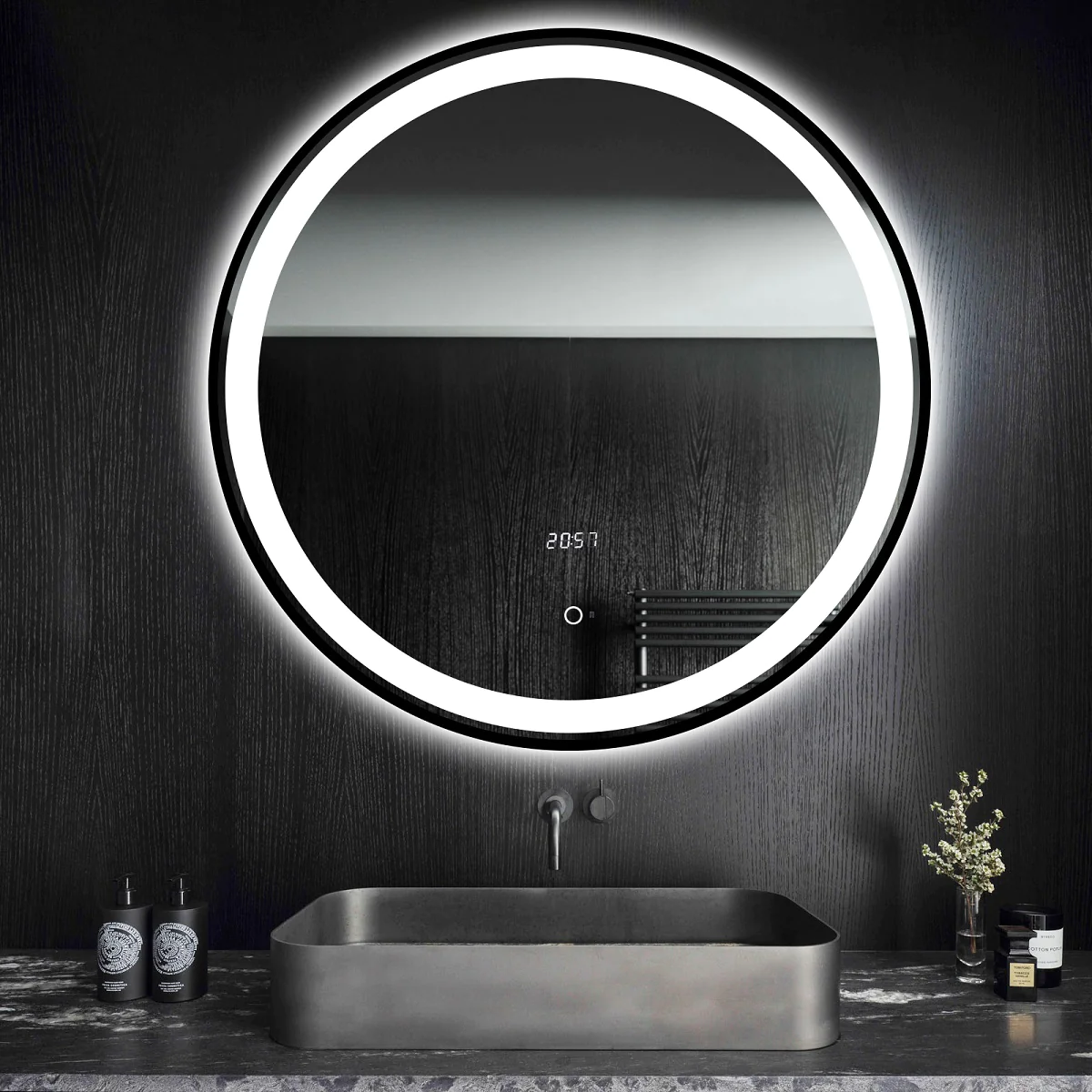 Oglinda LED Si Touch Cu Senzor De Miscare 70 X 70 Cm Rama Negru Mat J29 [3]