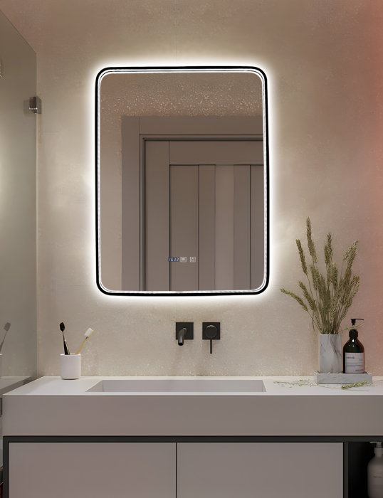 Oglinda LED Si Touch Model 1068-B Cu Functie Dezaburire Si Ceas Rama Neagra 60 X 80 Cm Smack [5]