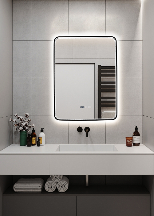 Oglinda LED Si Touch Model 1068-B Cu Functie Dezaburire Si Ceas Rama Neagra 60 X 80 Cm Smack [3]