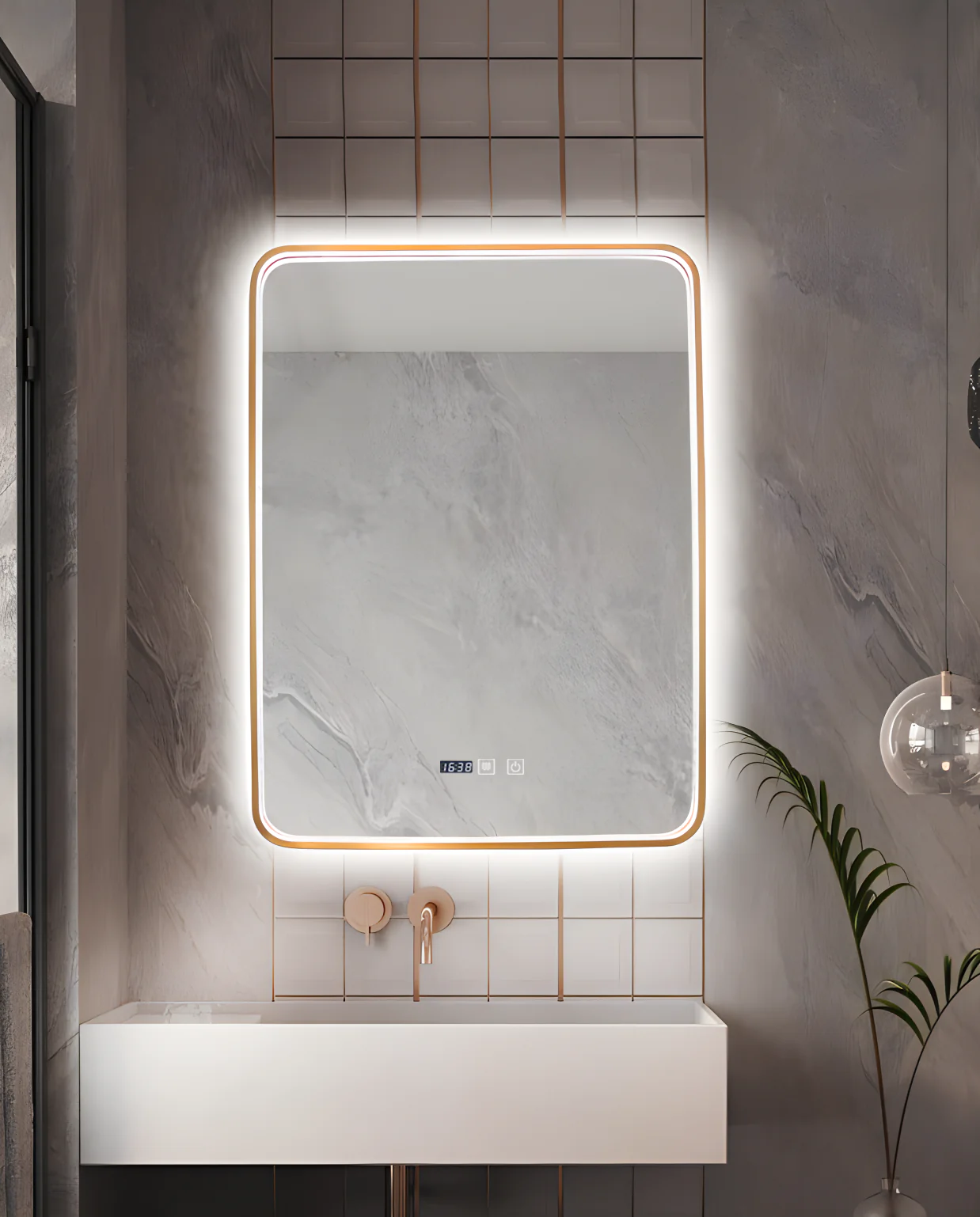 Oglinda LED Si Touch Model Cu Functie Dezaburire Si Ceas Rama Auriu-Bronz 60 X 80 Cm 1068-G Smack [4]