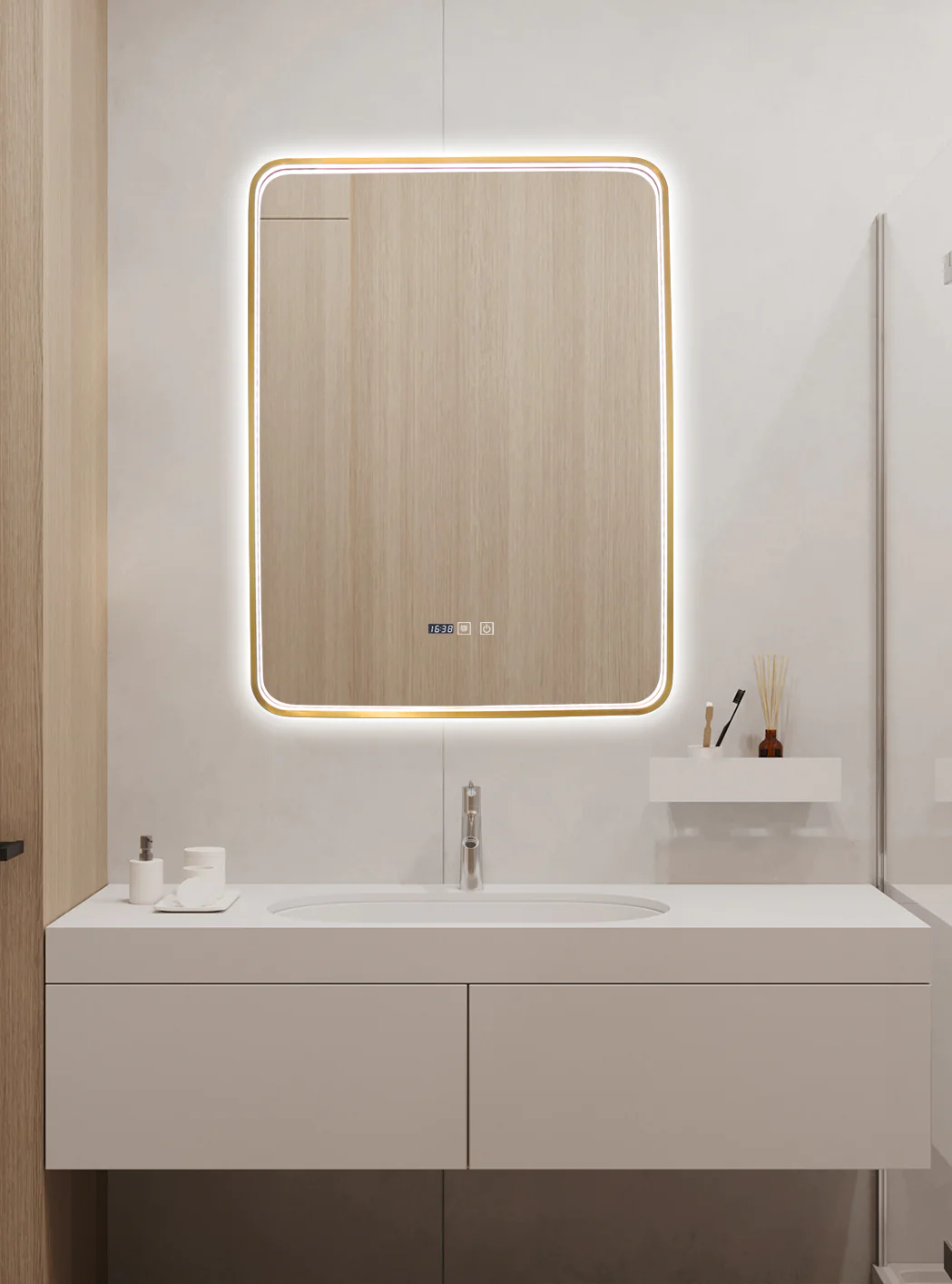Oglinda LED Si Touch Model Cu Functie Dezaburire Si Ceas Rama Auriu-Bronz 60 X 80 Cm 1068-G Smack [3]