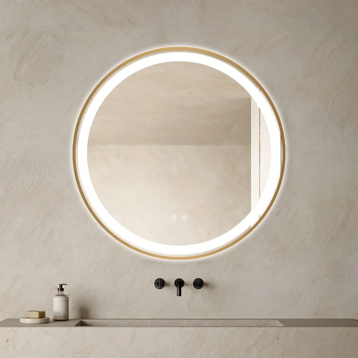 Oglinda Cu LED J106 pentru baie 70 cm Sistem Dezaburire Senzor Touch Trei Tipuri de Lumina Rama Aurie [1]