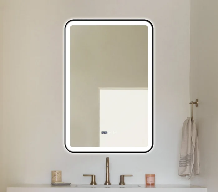 Oglinda Cu LED J136 pentru baie 60x90 cm Sistem Dezaburire Senzor Touch Trei Tipuri de Lumina Ceas Rama Negru Mat Smack [2]