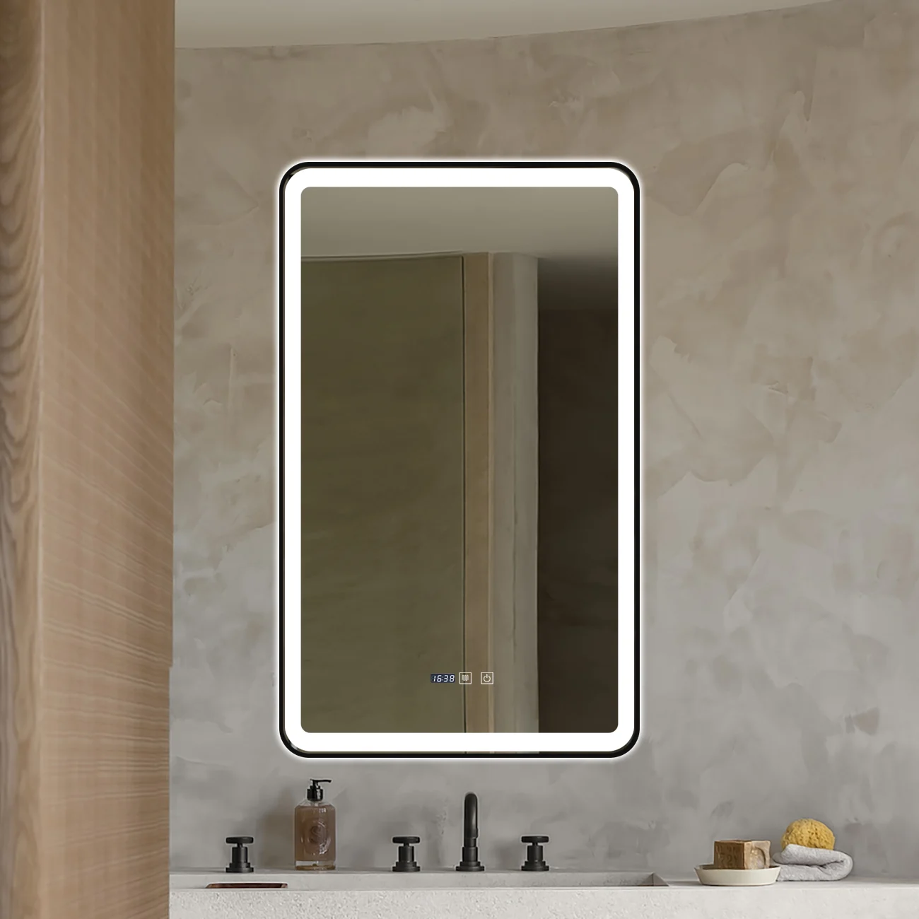 OGLINDA CU LED J138 PENTRU BAIE 60X100 CM SISTEM DEZABURIRE SENZOR TOUCH TREI TIPURI DE LUMINA CEAS RAMA NEGRU MAT SMACK [1]