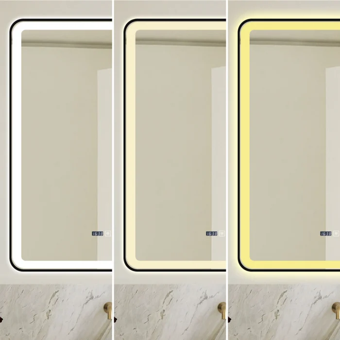 Oglinda Cu LED J139 pentru baie 70x90 cm Sistem Dezaburire Senzor Touch Trei Tipuri de Lumina Ceas Rama Negru Mat Smack [1]