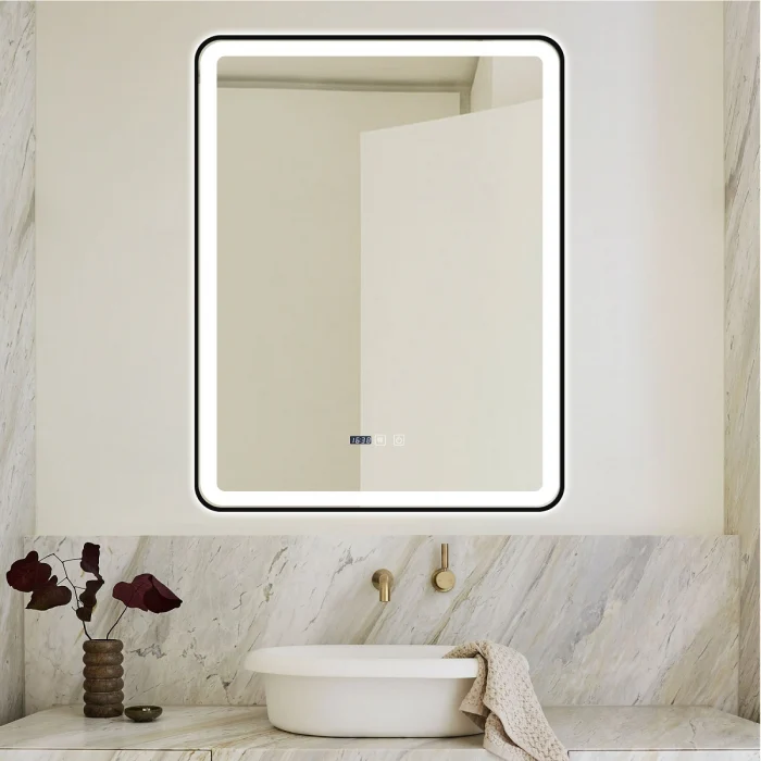 Oglinda Cu LED J139 pentru baie 70x90 cm Sistem Dezaburire Senzor Touch Trei Tipuri de Lumina Ceas Rama Negru Mat Smack [2]