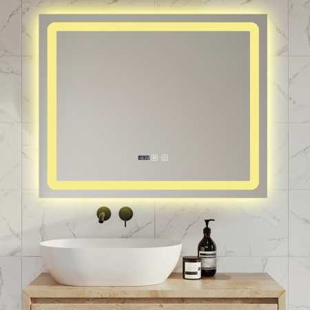 Oglinda Cu LED J149 pentru baie 80x65 cm Sistem Dezaburire Senzor Touch Trei Tipuri de Lumina Ceas Smack [2]