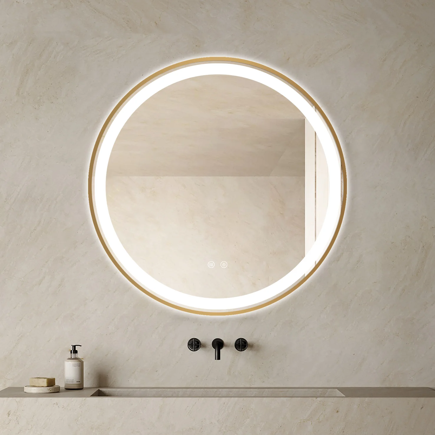 Oglinda LED Rotunda 70 X 70 Cm Functie Dezaburire LED Touch Rama Aurie Doua Tipuri Lumina  J06-1 Smack [2]