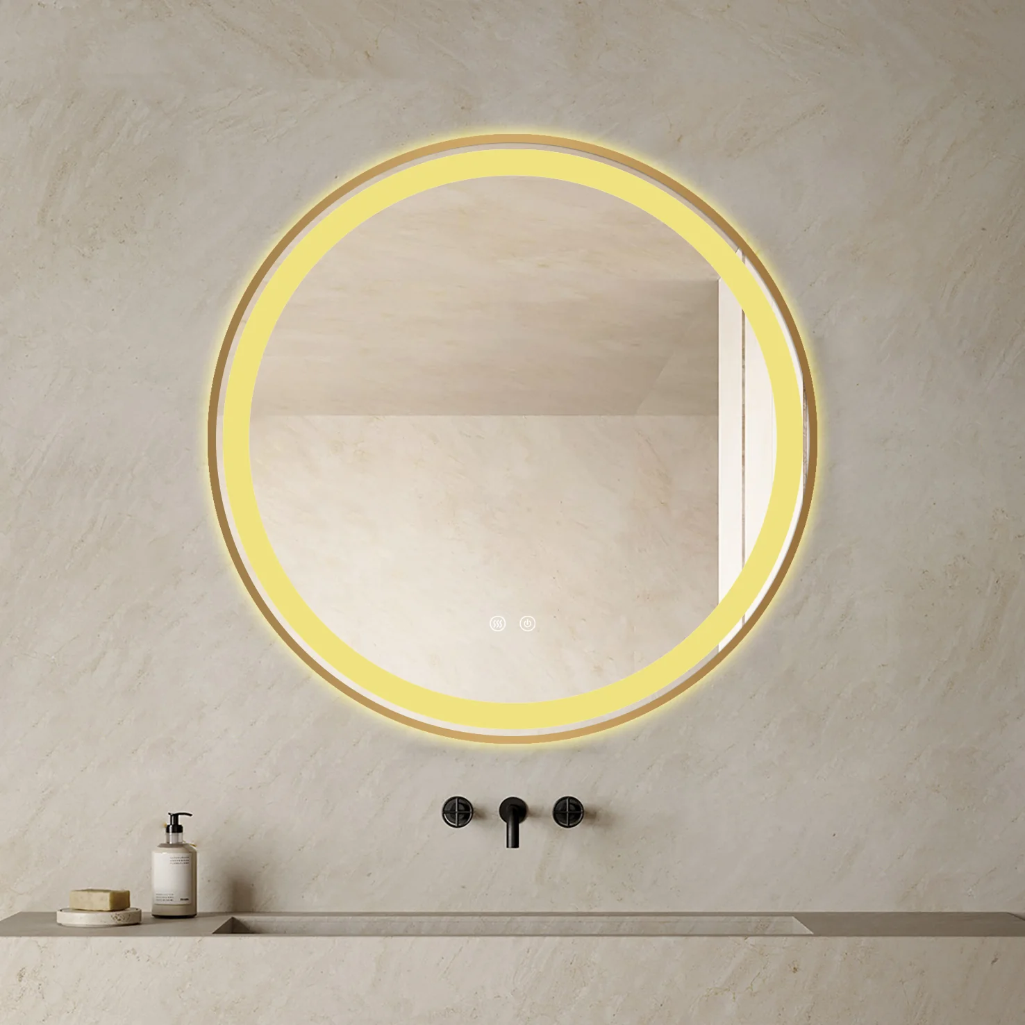 Oglinda LED Rotunda 70 X 70 Cm Functie Dezaburire LED Touch Rama Aurie Doua Tipuri Lumina  J06-1 Smack [3]