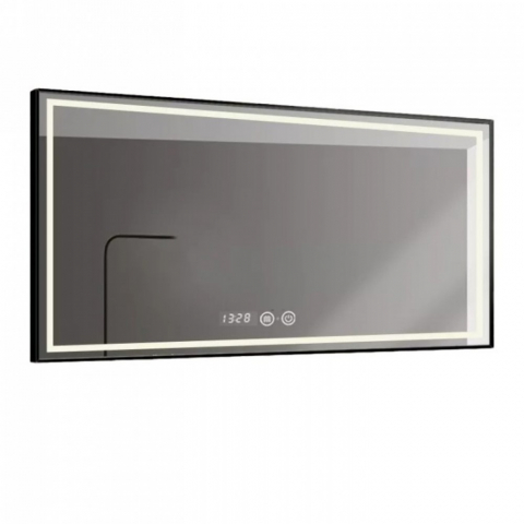 Oglinzi - Oglinda Cu LED J117 pentru baie 100x65 cm Sistem Dezaburire Ceas Senzor Touch Trei Tipuri de Lumina, Rama Negru Mat