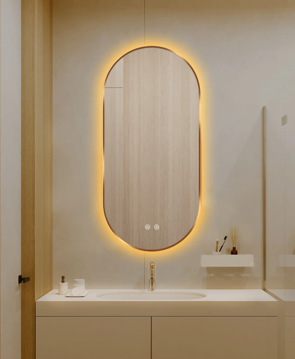 Oglinda LED Si Touch 50 X 100 Cm Functie Dezaburire Rama Auriu-Bronz Trei Tipuri Lumina J179-50100 Smack [6]