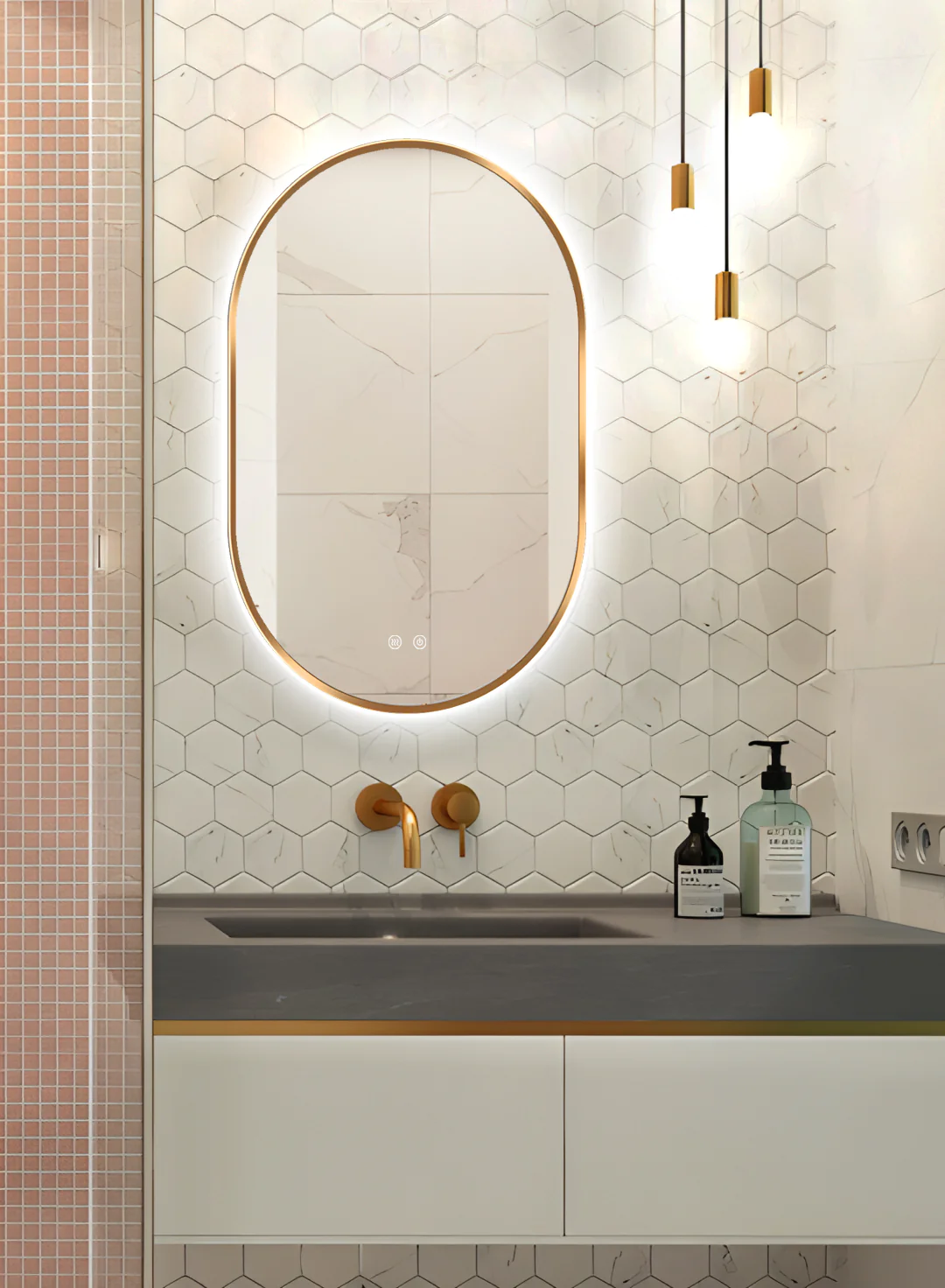 Oglinda LED Si Touch 50 X 80 Cm Functie Dezaburire Rama Auriu-Bronz Trei Tipuri Lumina si Ceas J179-5080 Smack [5]