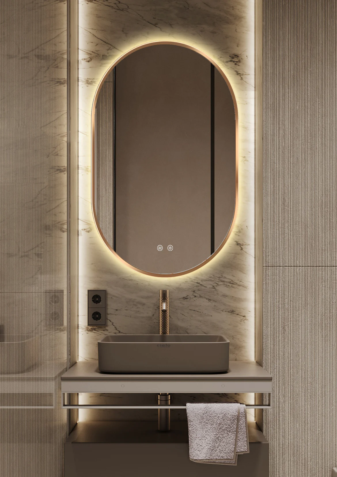 Oglinda LED Si Touch 50 X 80 Cm Functie Dezaburire Rama Auriu-Bronz Trei Tipuri Lumina si Ceas J179-5080 Smack [3]