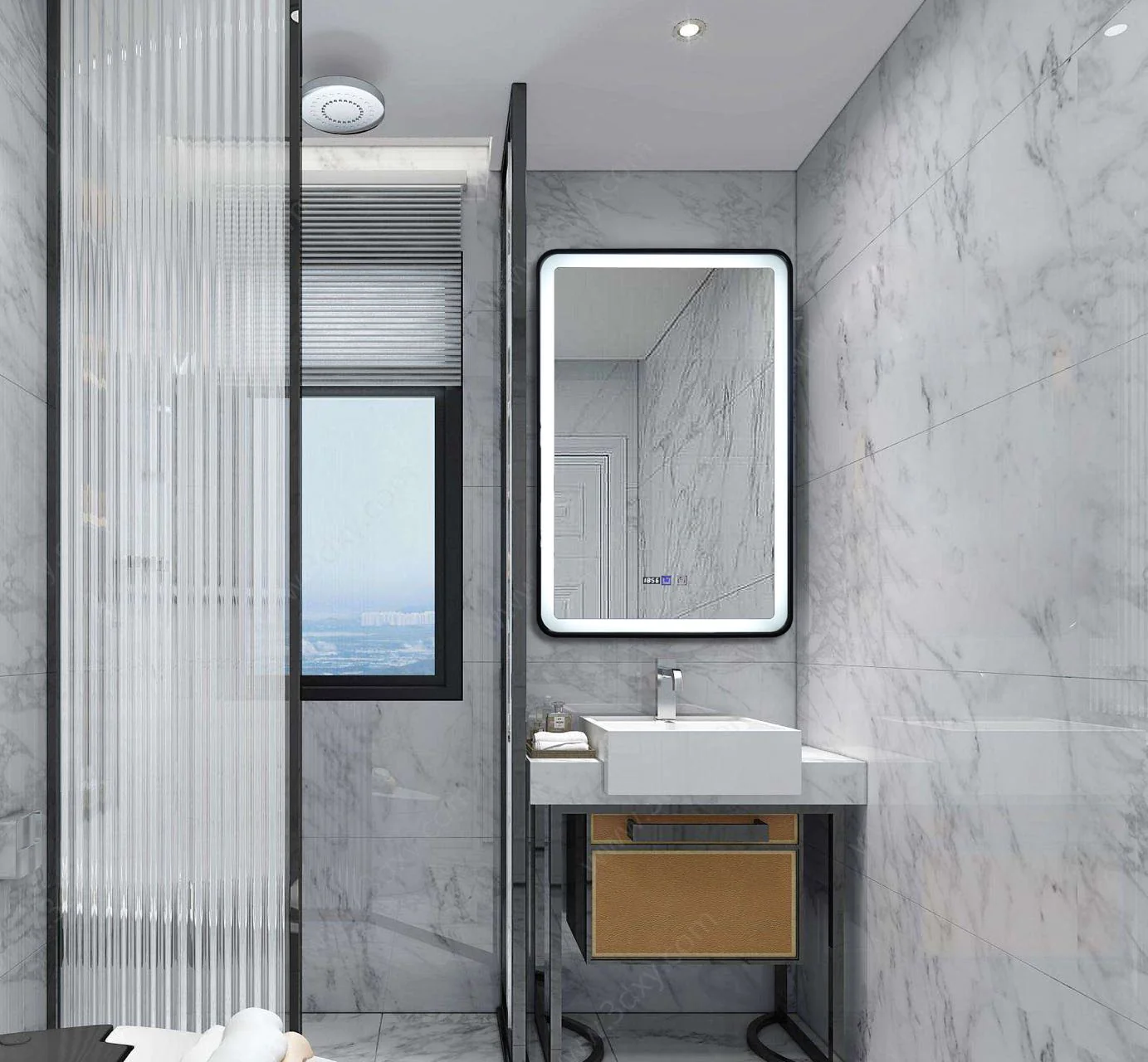 Oglinda LED Si Touch 60 X 90 Cm Cu Functie Dezaburire Si Ceas Rama Negru Mat J36 Smack [1]