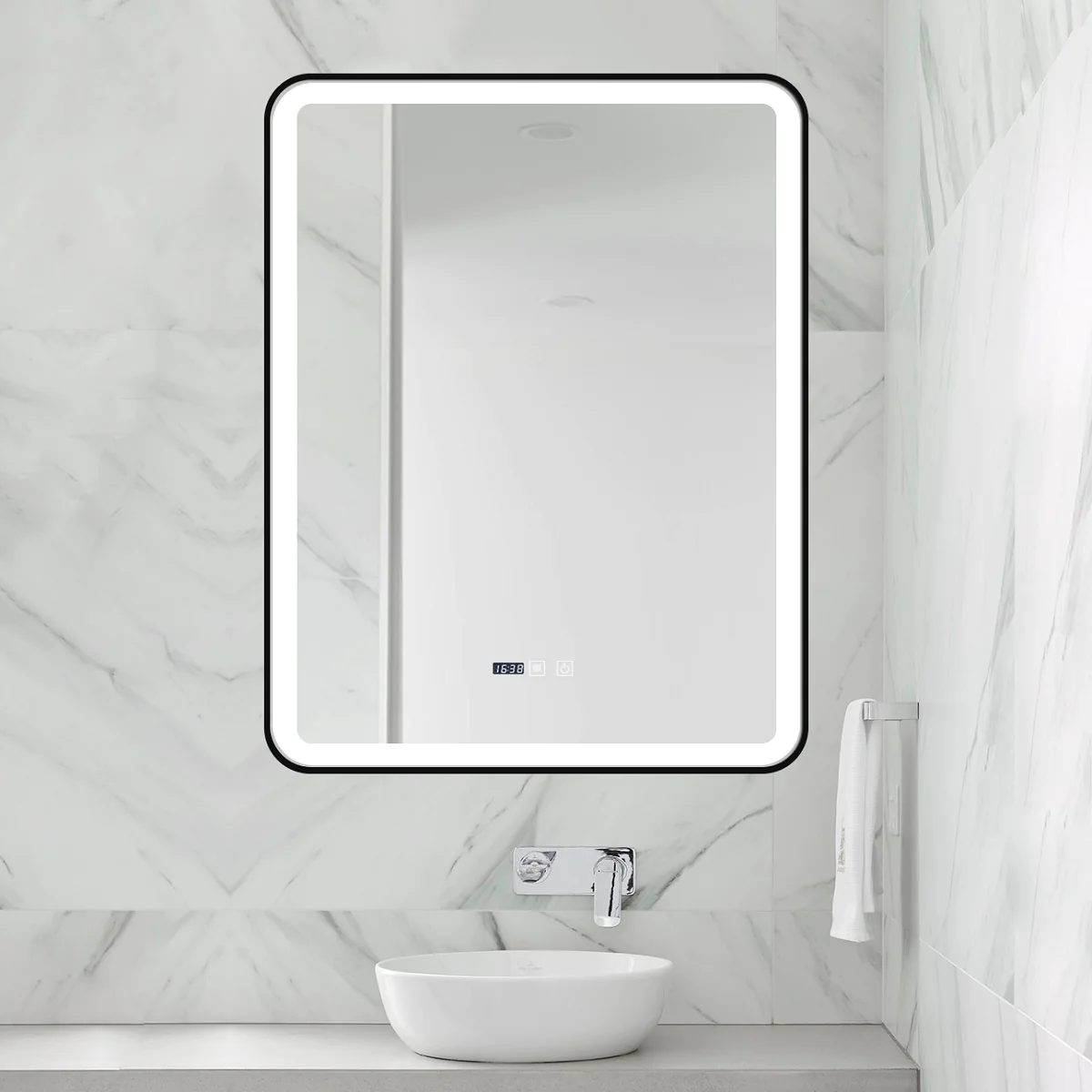 Oglinda LED Si Touch 70 X 90 Cm Cu Functie Dezaburire Si Ceas Rama Negru Mat FNF J39 Smack [5]