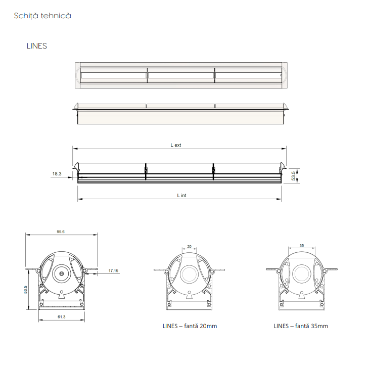 Schita tehnica si dimensiuni difuzor liniar LINES