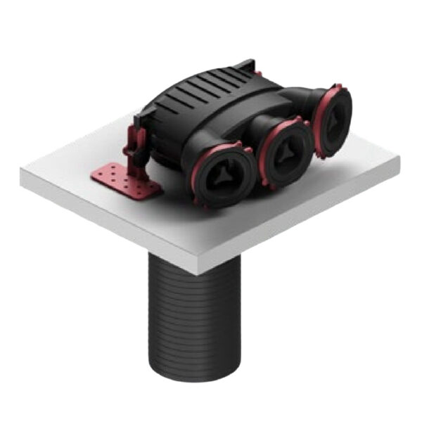 Plenum alimentare/evacuare cu tehnologie OneClick® HEATPEX ARIA CONNECT, 3 prize x Ø75 [mm], terminal Ø125 [mm], material PP, suprafață antibacteriană, clasă etanșeitate ATC 1 [2]