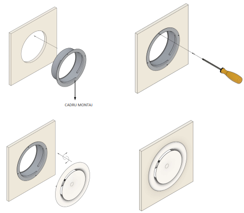 Valvă de refulare SV, circulară, debit reglabil, montaj pe perete sau tavan, diametre 100–200 mm [4]