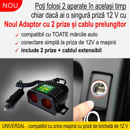 OFERTA SAPTAMANII - Adaptor auto cu 2 prize 12V si cablu extensibil