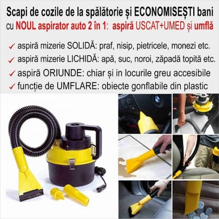 OFERTA SAPTAMANII - Aspirator auto turbo 2 in 1: ASPIRA umed + uscat si UMFLA obiecte din plastic