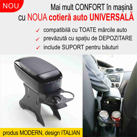 OFERTA SAPTAMANII - Cotiera auto UNIVERSALA, capitonata, cu spatiu de depozitare si suport pentru bauturi - design italian