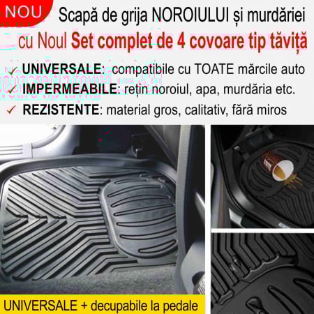 OFERTA SAPTAMANII - Set complet de 4 covoare auto tip tavita, cu margini inalte, impermeabile - marime universala