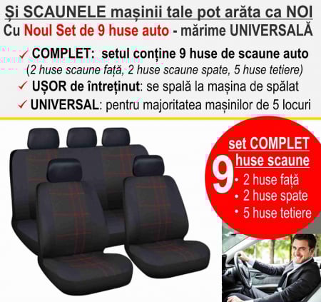 Set complet de 9 huse auto pentru scaunele masinii - marime universala