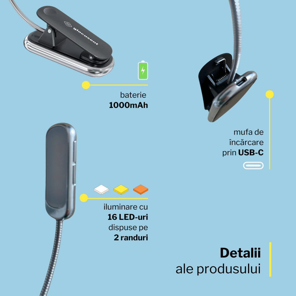 Lampa LED pentru citit portabila si prindere ferma cu clips, utila călătorii [4]