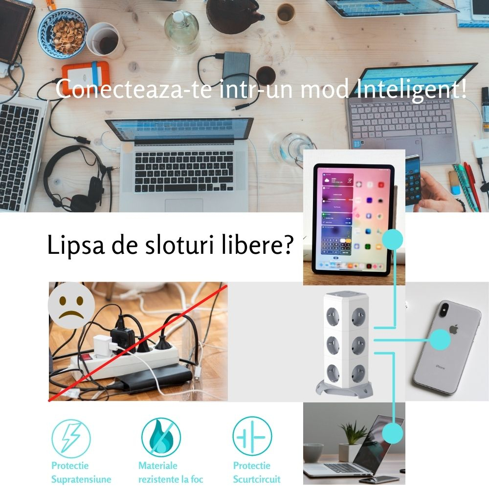 Prelungitor inteligent multifunctional pentru birou, 12 prize, 2 x USB, 1 x USB-C, intrerupator alimentare, protectie la supratensiune, 1.8m, Alb [6]