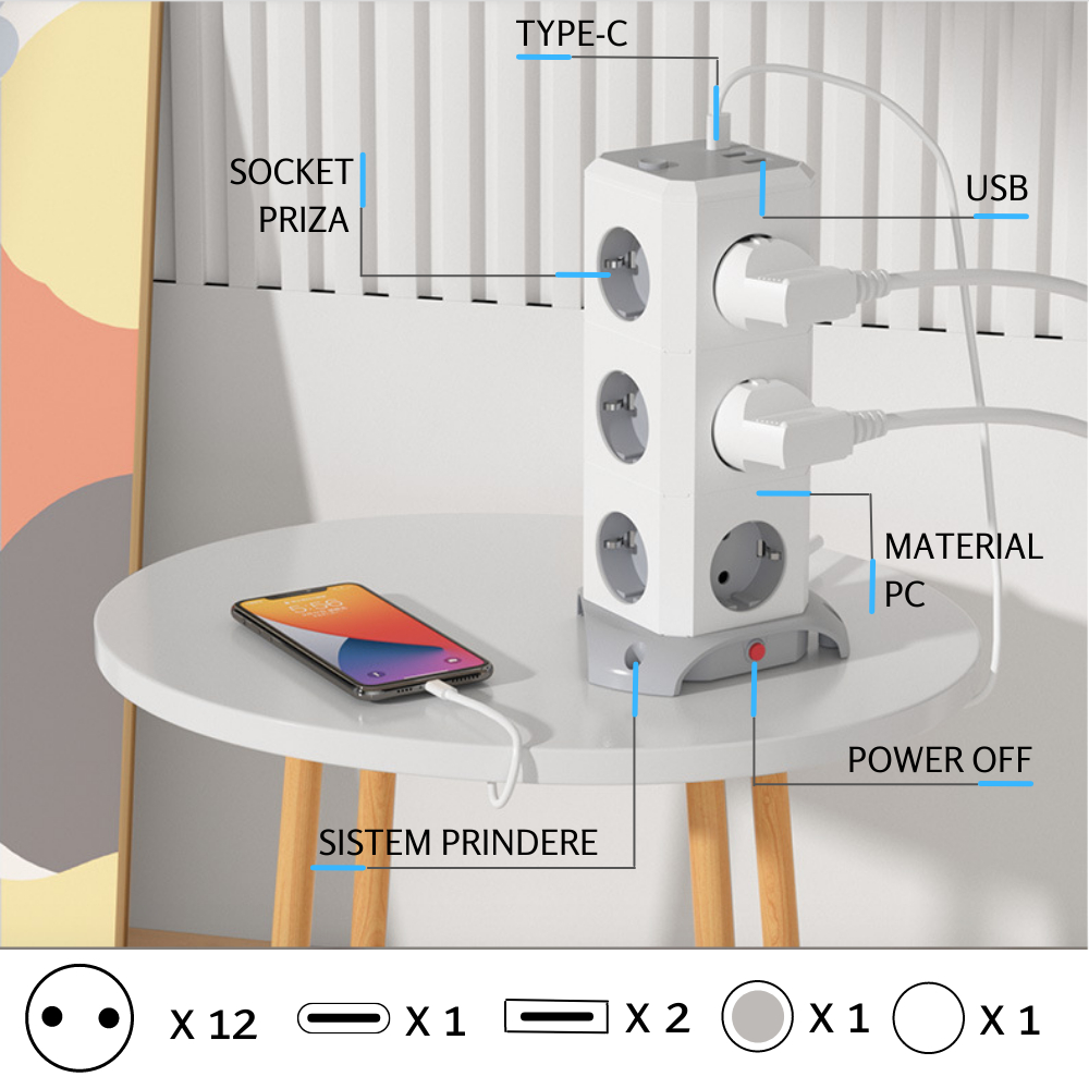Prelungitor inteligent multifunctional pentru birou, 12 prize, 2 x USB, 1 x USB-C, intrerupator alimentare, protectie la supratensiune, 1.8m, Alb [2]
