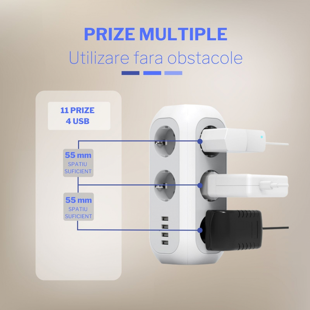 Prelungitor multifunctional vertical cu USB pentru casa sau birou cu 11 prize si 4 x USB-A [4]