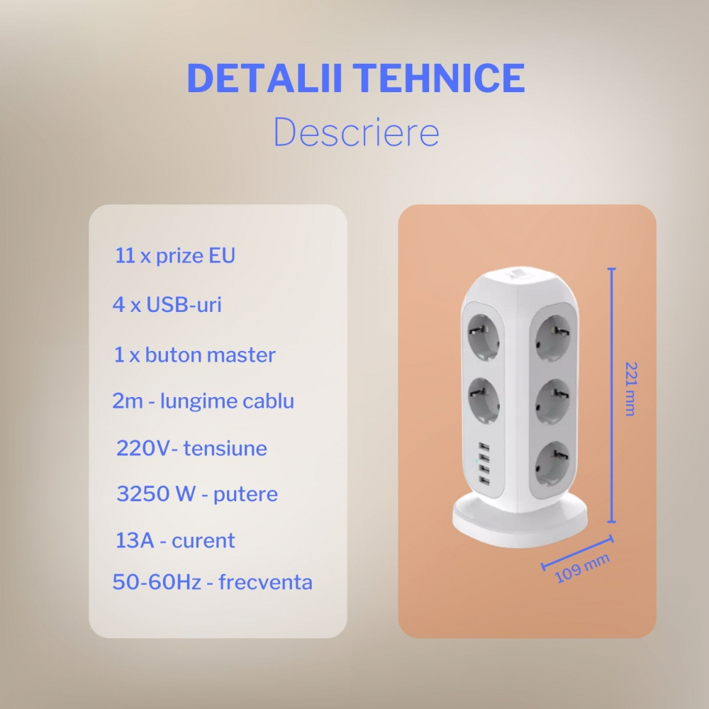 Prelungitor multifunctional vertical cu USB pentru casa sau birou cu 11 prize si 4 x USB-A [7]