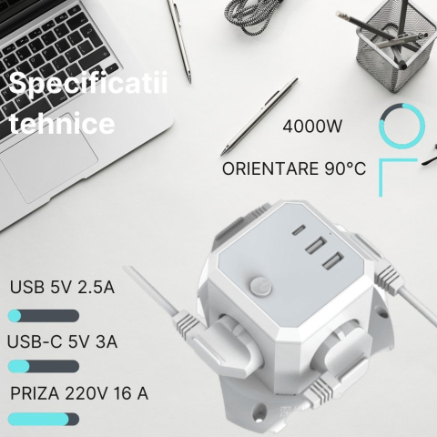 Prelungitor inteligent multifunctional pentru birou, 12 prize, 2 x USB, 1 x USB-C, intrerupator alimentare, protectie la supratensiune, 1.8m, Alb [2]