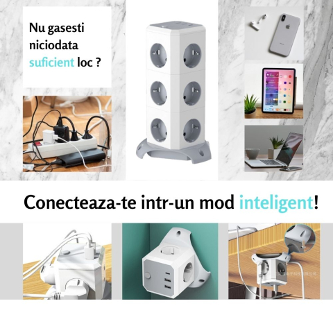 Prelungitor inteligent multifunctional pentru birou, 12 prize, 2 x USB, 1 x USB-C, intrerupator alimentare, protectie la supratensiune, 1.8m, Alb [3]
