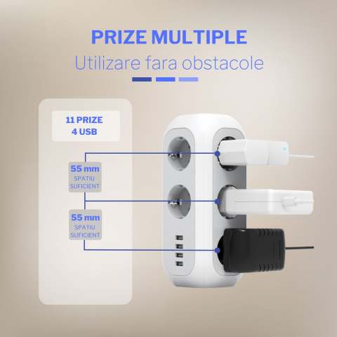 Prelungitor multifunctional vertical cu USB pentru casa sau birou cu 11 prize si 4 x USB-A [3]