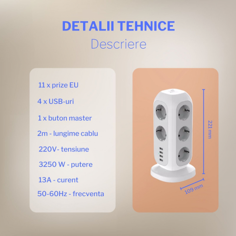 Prelungitor multifunctional vertical cu USB pentru casa sau birou cu 11 prize si 4 x USB-A [6]