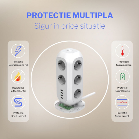 Prelungitor multifunctional vertical cu USB pentru casa sau birou cu 11 prize si 4 x USB-A [1]