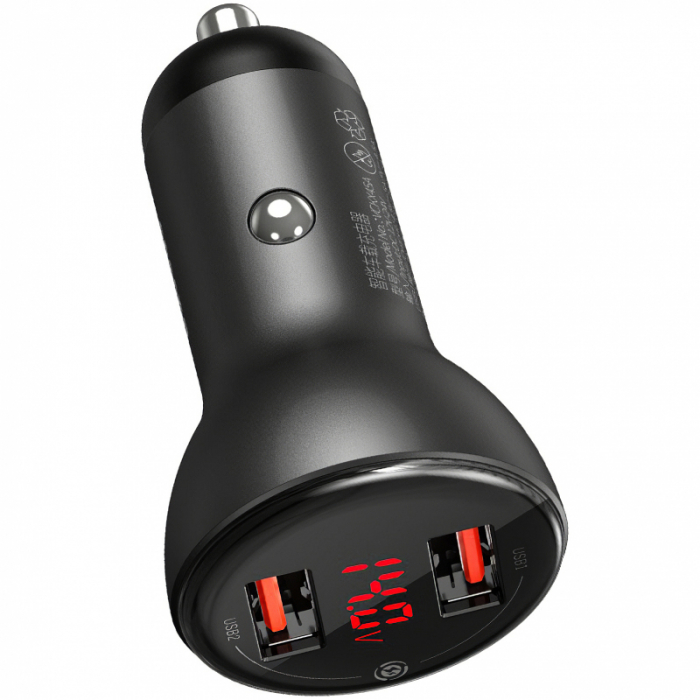 Incarcator Auto USB Baseus 45W, 5A, Quick Charge 3.0 Huawei SCP, 2 X USB, Cu Afisaj LED, Gri [1]
