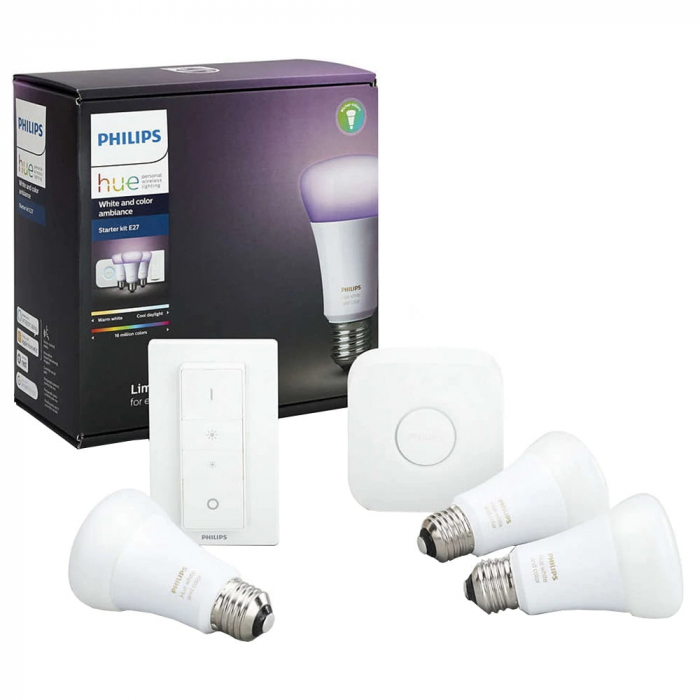 Kit Philips HUE 3 becuri E27 inteligente LED RGB, lumina alba/colorata + Bridge si Intrerupator / Variator [1]