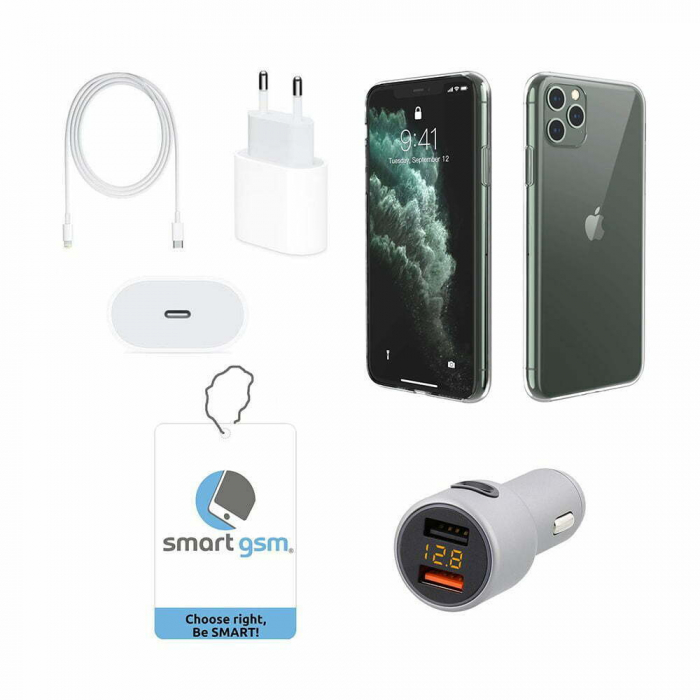 Set Cadou SmartGSM ® pentru iPhone 11 Pro, Incarcator Fast Charge pentru Casa & Auto, 2 x Odorizant auto Bubble Gum si Husa Super Slim Transparenta [2]