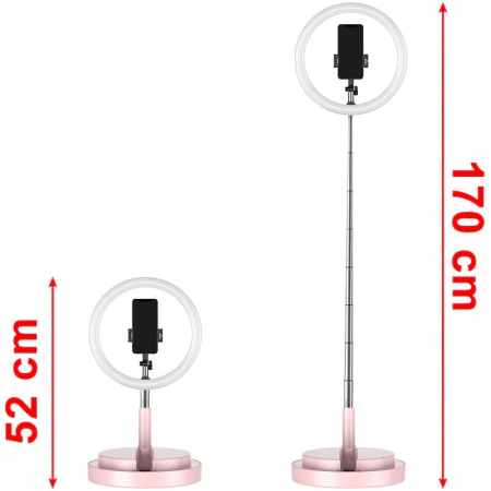 Lampa roz circulara Ring Light Selfie SmartGSM® cu suport de telefon si trepied reglabil pe inaltime 52-170 cm, 144 Leduri, Diametru 29 cm [2]