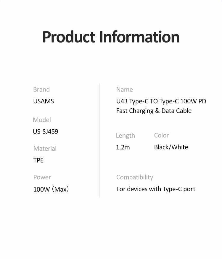 Cablu Type-C - Type-C, Usams U43, 5A, 100W, Fast Charge PD, 1.2m