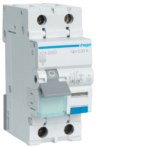 Diferenţial RCBO 20A 1P+N 30mA 6Ka B tip A Hager ADA920D [1]
