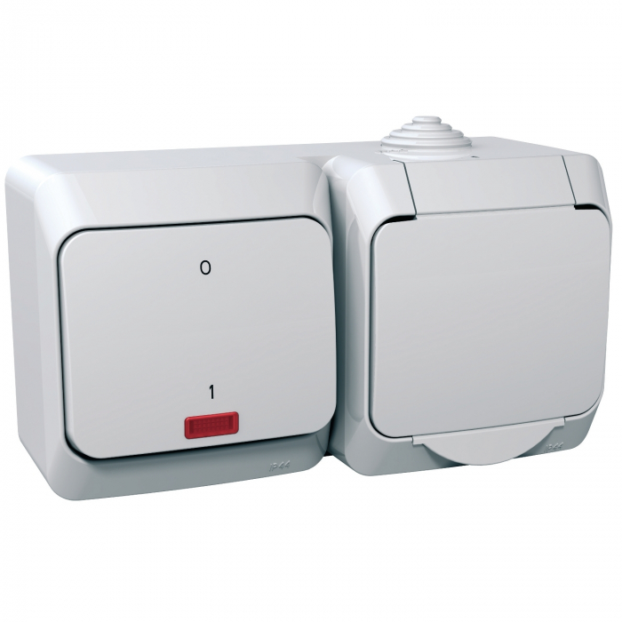 Intrerupator bipolar cu led si priza schuko PT IP44 Schneider Cedar alb WDE000503 [1]