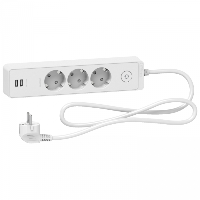 Prelungitor 3x2P+E +intrerupator+2USB cablu 1,5m alb Schneider ST943U1W [1]