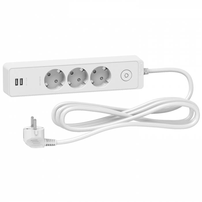 Prelungitor 3x2P+E +intrerupator+2USB cablu 3m alb Schneider ST943U3W [1]