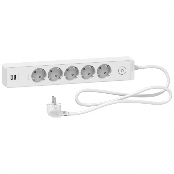 Prelungitor 5x2P+E +intrerupator+2USB cablu 1,5m alb Schneider ST945U1W [1]
