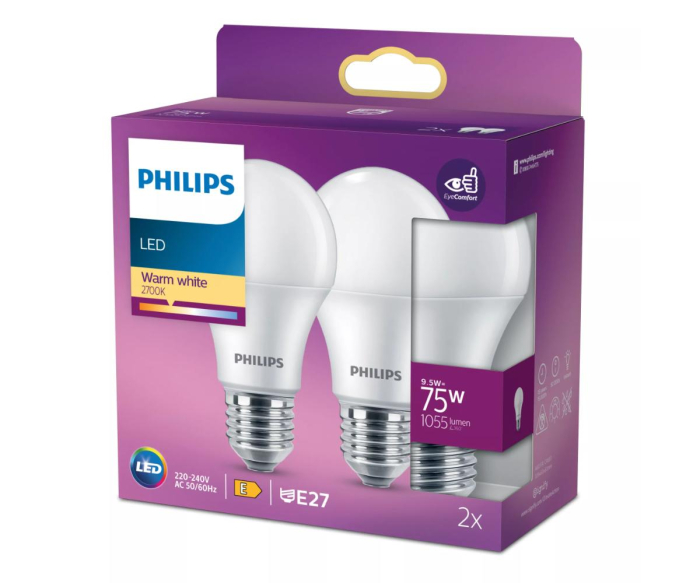 Set 2 becuri A60 LED 9.5W 1055lm 2700K E27 Philips 8720169324510 [2]