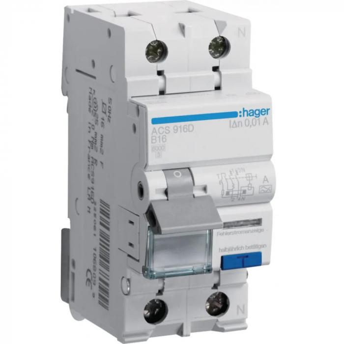 Siguranta diferenţial RCBO 16A 1P+N 10mA 6Ka B tip A Hager ACS916D [1]
