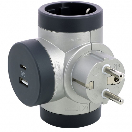 Prelungitoare si derulatoare - Bloc priza rorativ iesire laterala 2x 2P+T 16A si USB A+C aluminiu Legrand 694524